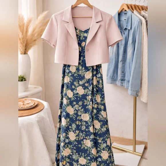 FLORAL NAVY Maxi Skirt. With Jacket. - Picture 2 of 4